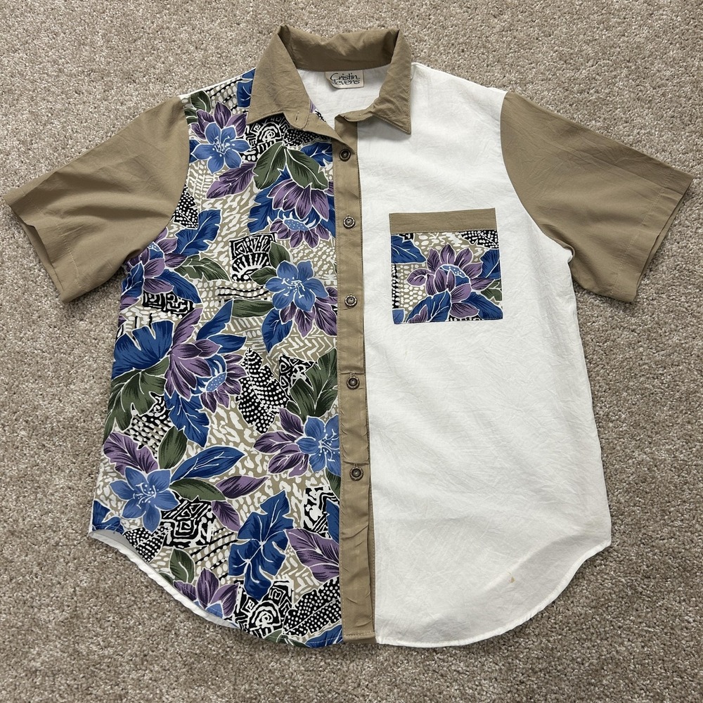 Vintage Cristin Stevens Shirt Womens Large Hawaiian Floral Short Button Up